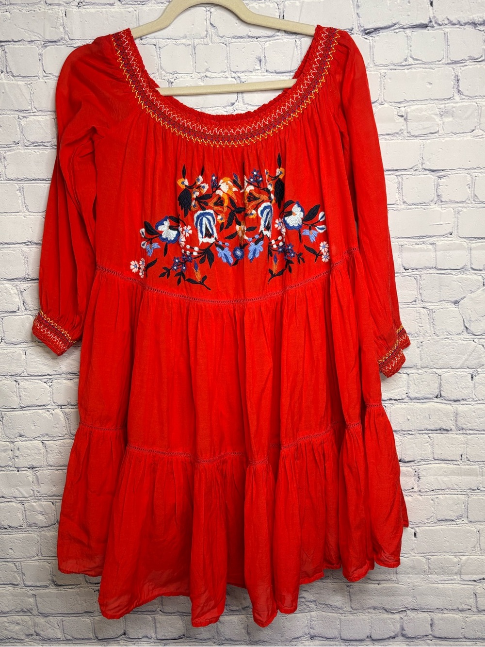 Free People Sunbeams Red Embroidered Boho Festival Peasant Tiered Mini Dress L